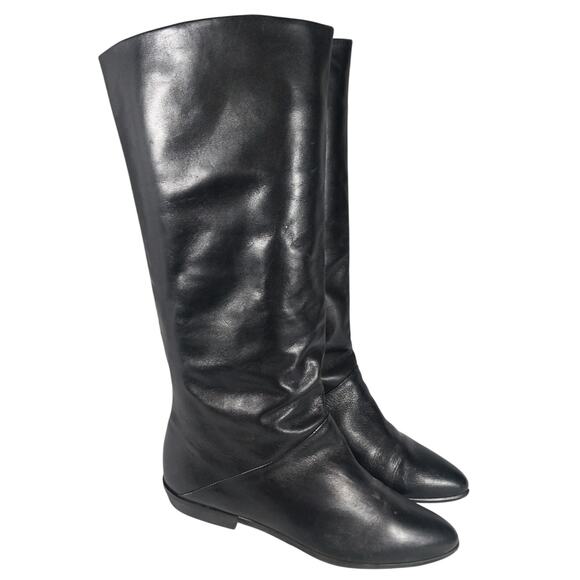 CHOICE! BLACK GENUINE LEATHER SLEEK LIW HEELED BOHO CHIC SLIP-ON BOOTS! SZ 8.5M - Picture 1 of 11
